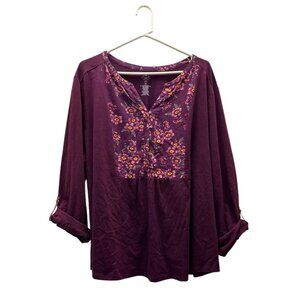 NWT St. John's Bay Purple Floral Boho Roll Tab Blouse Size 3X